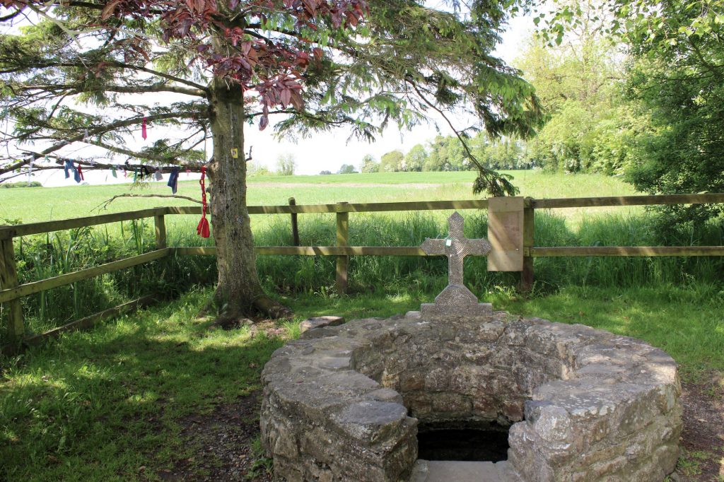 St. Brigid's Well, Tully, County Kildare. Behind the well is a clootie tree, where pieces of cloth and other offerings have been attached to the tree. Traditionally, the afflicted takes a piece of his or her clothing and ties it to the tree with the belief that the disease which is plaguing them will be transferred from their body to the tree.