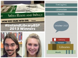 The 2013 Winners of Ireland Library's Book Spine Poetry Contest:  Andrea Bettschen and Sean Goossens!  Congrats!   