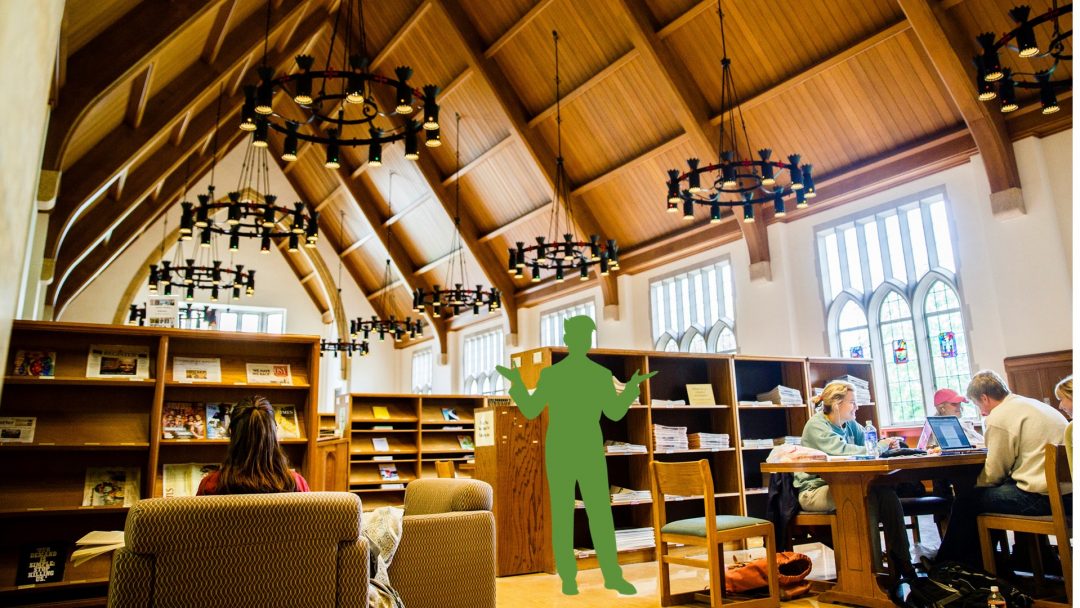 Outline of a person standing in the Great Room of the O'Shaughnessy-Frey Library among students studying