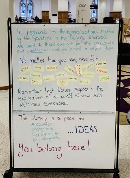 photo of the whiteboard in the library. Full text is in the accompanying post