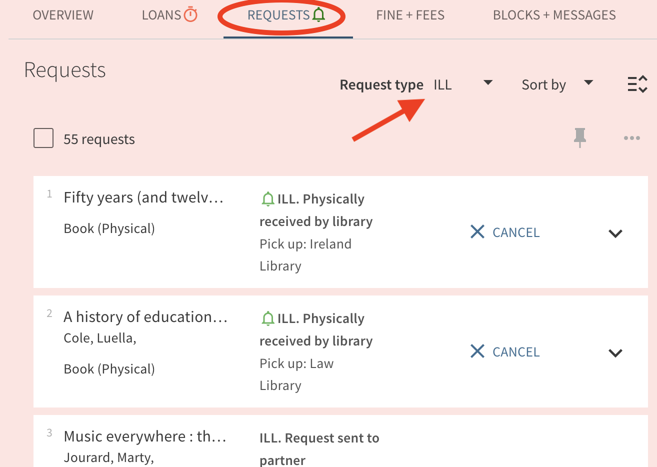Library Account showing where to find ILL requests you have placed