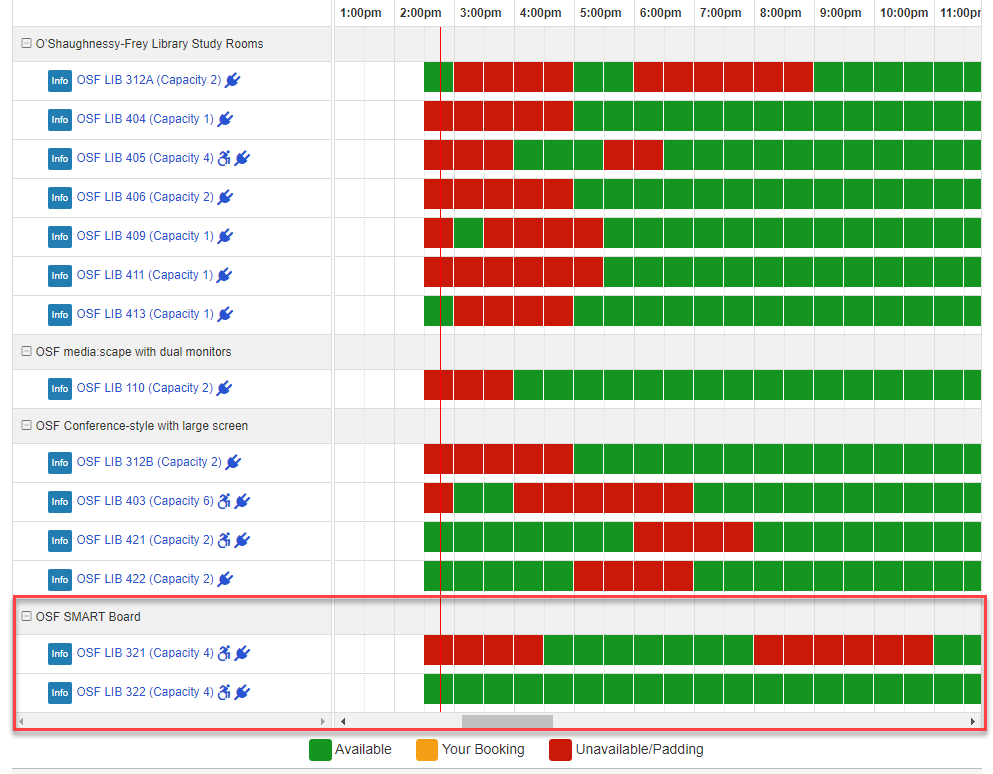 Screenshot of the reservation page listing available rooms. Red is unavailable, green is available.