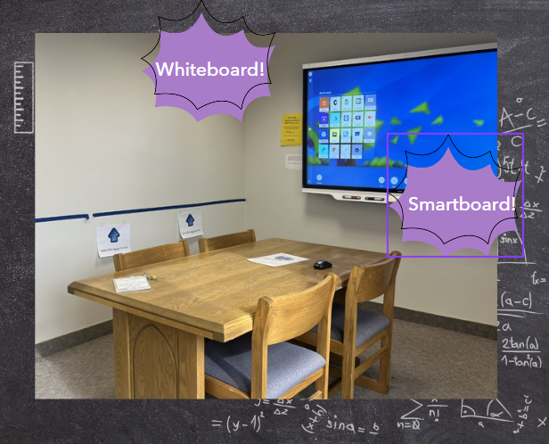 Room showing a table, whiteboard wall, and smartboard