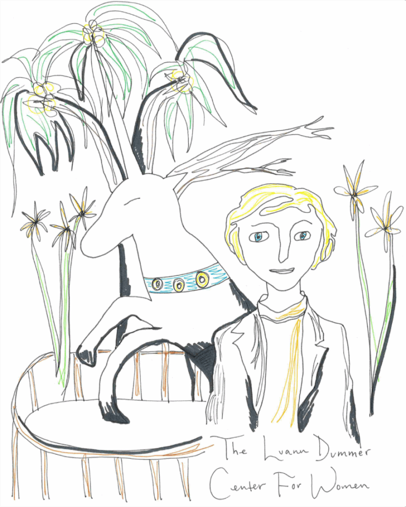 Drawing of Dr. Luann Dummer with a unicorn and tree in the background. The words Luann Dummer Center for Women are on the bottom.