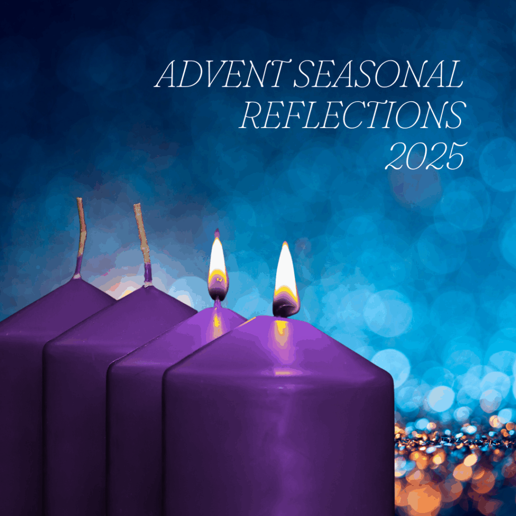 Four purple Advent candles with the first two candles lit. A blue, softly blurred background fills the image. Text reads “Advent Seasonal Reflections 2025.”