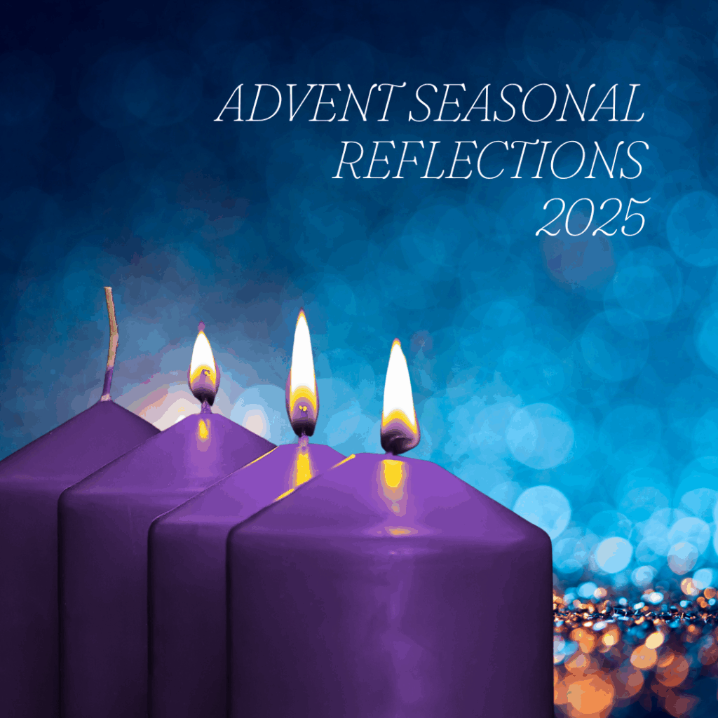 Four purple Advent candles with three flames burning. The background is blue with warm light reflections. Text reads “Advent Seasonal Reflections 2025.