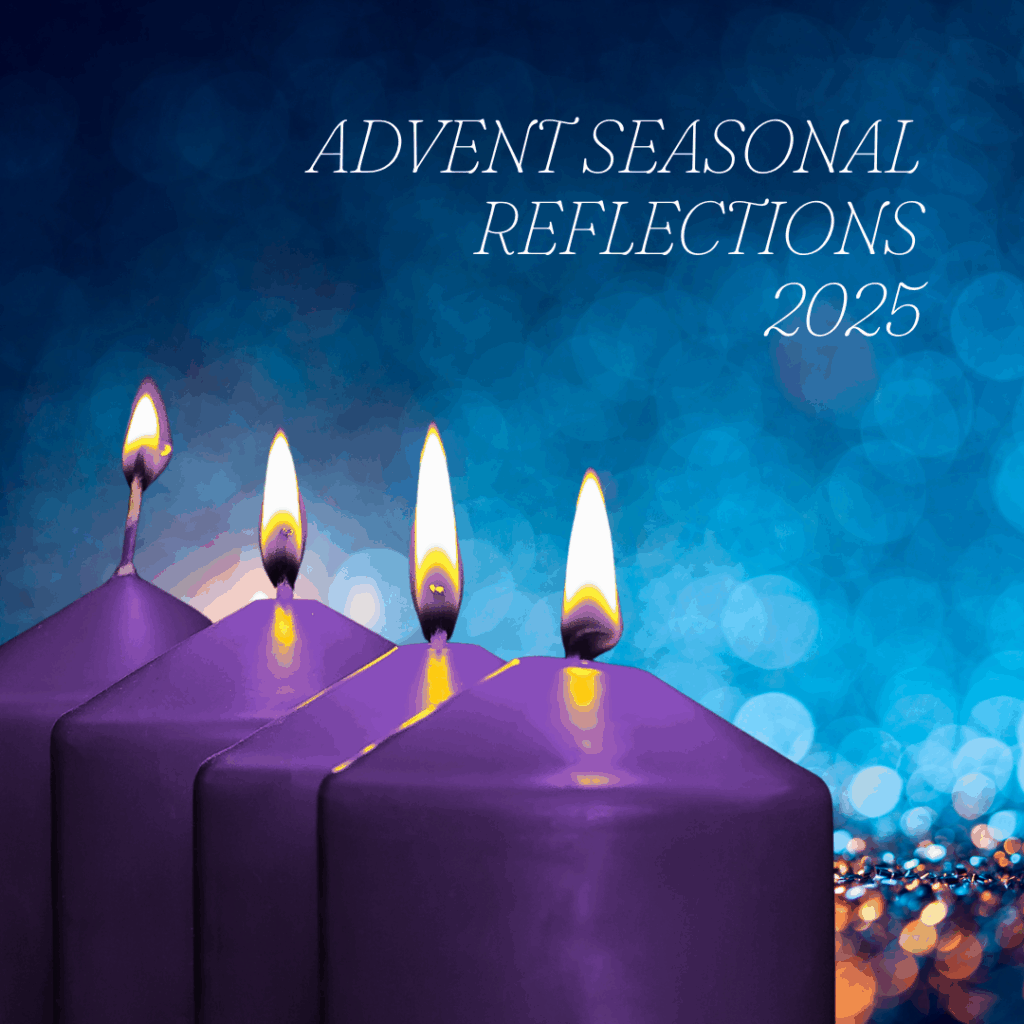 Four purple Advent candles, each one lit, set against a glowing blue bokeh background. Text reads “Advent Seasonal Reflections 2025.” If you'd like, I can also format these in a list for a publisher, add character-limit versions for Instagram alt text, or generate a batch for the next set of seasonal graphics.