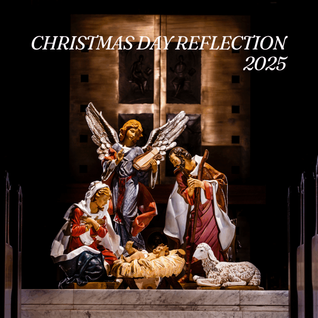 A detailed Nativity scene featuring Mary, Joseph, an angel with large wings, and baby Jesus in a manger. A lamb rests beside the manger. Warm indoor lighting highlights the figures. Text at the top reads “Christmas Day Reflection 2025.”